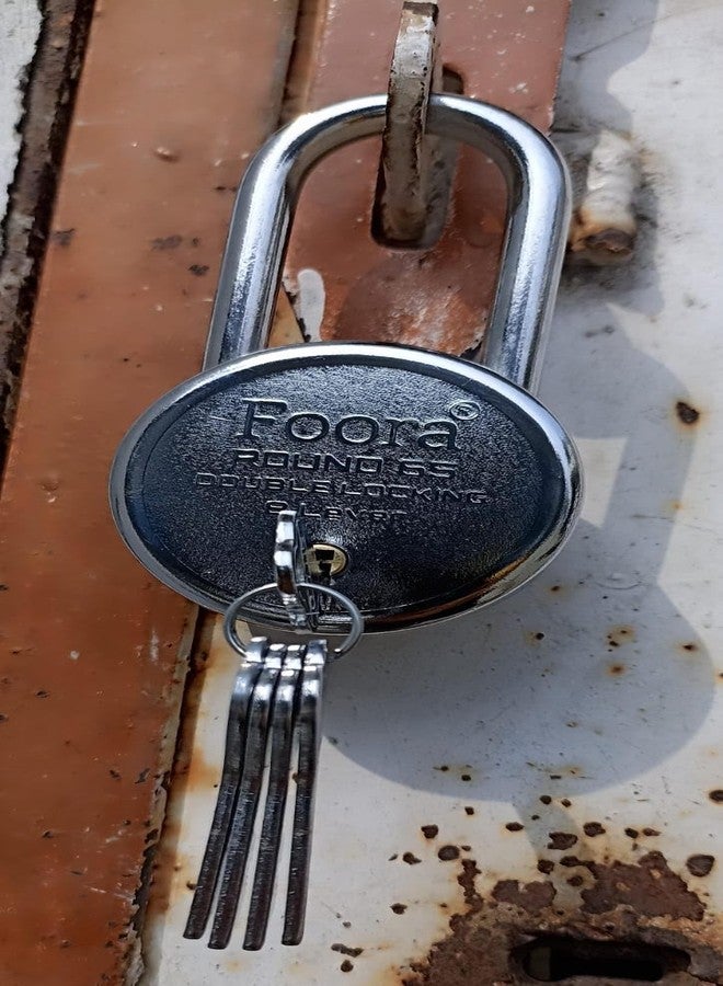 Foora Round 65 Long Shakle Lock with Long Shackle - Metal Body, Double Locking, 8 Steel Levers, 5 Silver Keys with Keychain, Silver Finish, Ideal for Door, Gate, Home and Shutters (Original Image) - Image 3